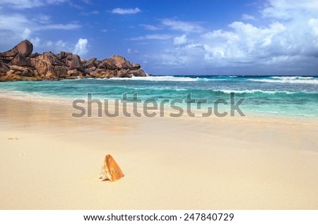 Granite rocky beaches on Seychelles islands, La Digue,Grand Anse. Big orange shell in the surf