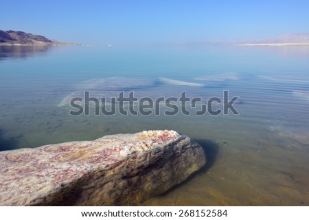 Beautiful landscape of the Dead Sea coastline with a big stone covered the crystal of salt in summer morning