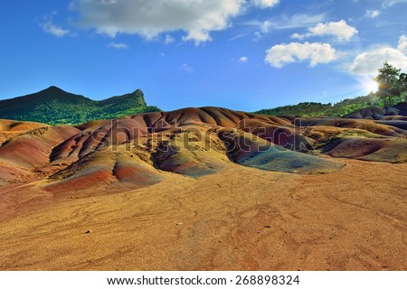 Main sight of Mauritius island. Unusual volcanic formation seven colored earths in Chamarel.