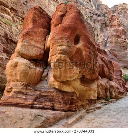 Cliff called the Elephant in Siq canyon in Petra. Lost rock city of Jordan. UNESCO world heritage site and one of The New 7 Wonders of the World