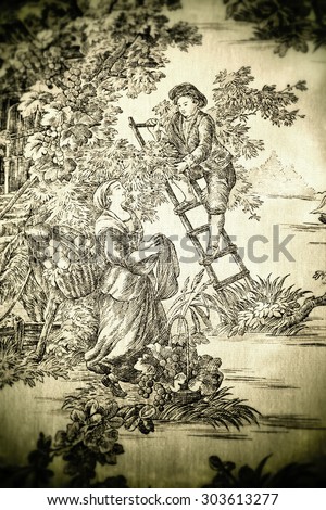 Detail of a tapestry circa 18th century (period of the French Revolution). Young peasants, guy and girl are flirting with each other in nature. Filtered, toning and corners blurred - old lens effect