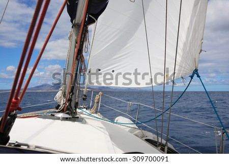 Sail of a sailing boat against sky in the atlantic ocean