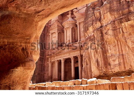 Al Khazneh - the treasury of Petra ancient city, Jordan. View from tomb
