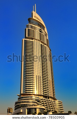 DUBAI, UAE - SEPTEMBER 01:  Sunset view at Address Downtown Dubai Hotel on September 01, 2010 in Dubai. The hotel is 63 stories high and feature 196 lavish rooms and 626 serviced residences