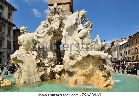 ROME - MARCH 10: Detail of the Fountain of the Four Rivers in Piazza Navona is shown on the March 10, 2011 in Rome, Italy. Masterpiece of Gian Lorenzo Bernini