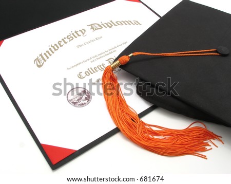 An isolated generic College Diploma with cap and tassel