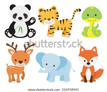 Vector illustration of cute animal set including panda, tiger, deer, elephant, fox, and snake.