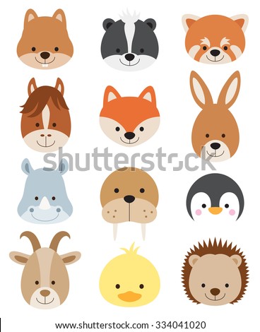 Vector illustration of animal faces including squirrel, hamster, skunk, red panda, horse, fox, kangaroo, rhino, walrus, penguin, goat, duck, and hedgehog.