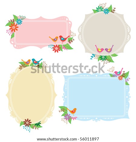 Vector illustration of frames with bird, flower, and leaf elements.