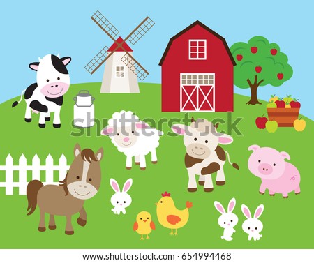 Vector illustration of farm animals such as cow, horse, pig, sheep, chicken, bull, rabbit with barn and windmill.