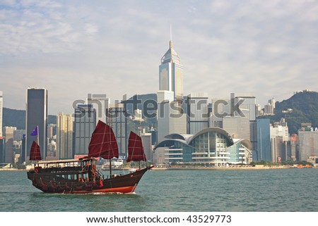 Chinese sailing ship and Hong Kong Convention and Exhibition Centre in Hong Kong Victoria Harbor
