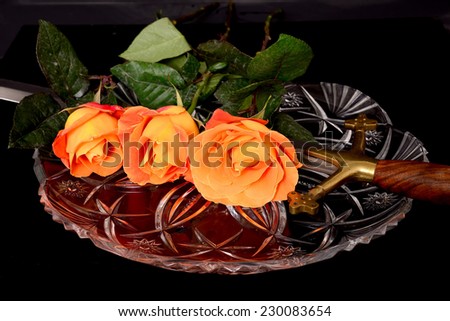 Sword and roses on crystal symbolizing war and peace