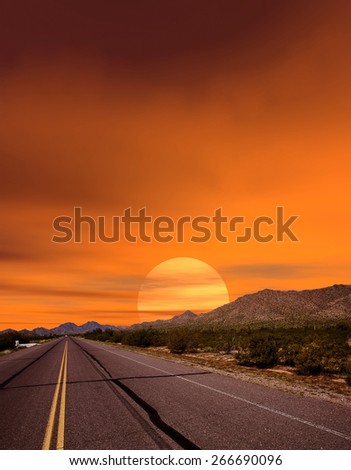 Sunset road Sonora desert and mountains Arizona