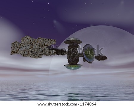 Spaceship exploring a surreal planet