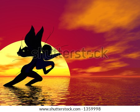 Fairy sprinting across a sunset landscape