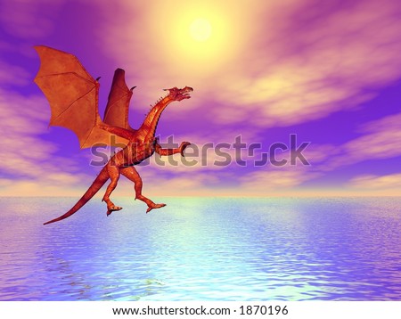 Illustrated fiery dragon flying over the sea