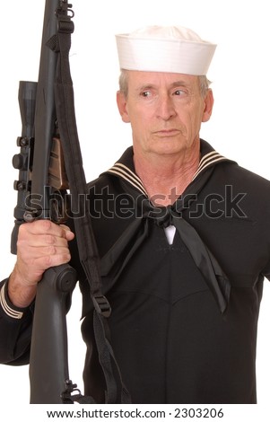 Old sailor from the United States Navy with a sniper rifle