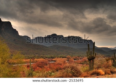 Dramatic desert mountains with a storm approaching