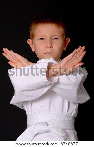 Young boy in karate outfit making fighting movement