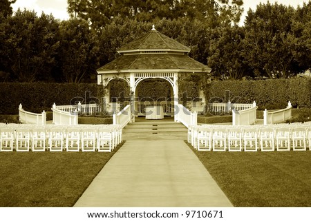 stock photo Beautiful gazebo with chairs for wedding in old style sepia 