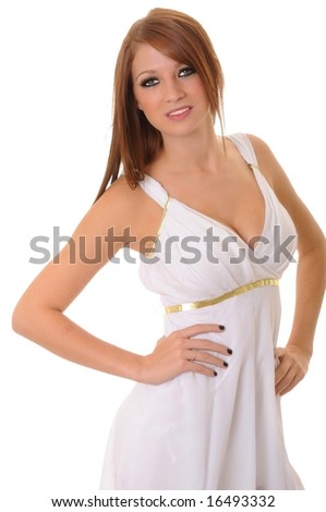 Brunette girl dressed like a Greek Goddess