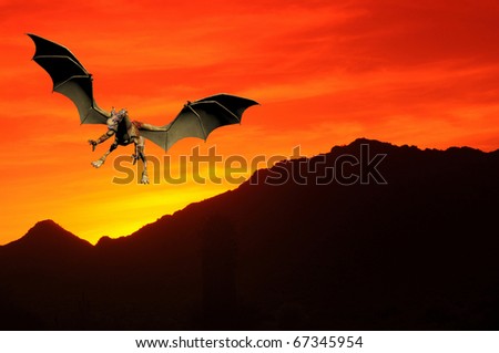 Dragon flying over desert mountains at sunset