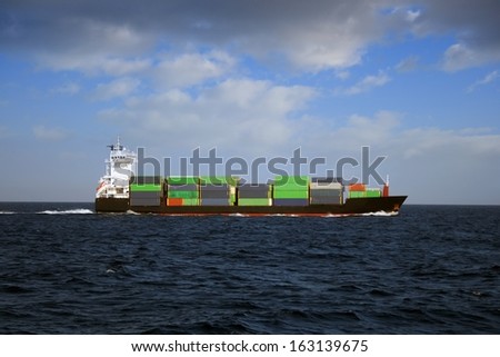 Container ship sailing in open waters