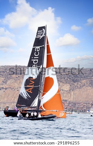 ALICANTE, SPAIN - OCTOBER 04: The sail boat of the Team Alvimedica is sailing in the \