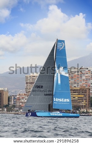 ALICANTE, SPAIN - OCTOBER 04: The sail boat of the Team Vestas Wind is sailing in the \