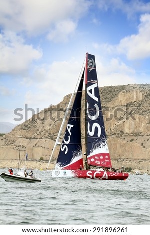 ALICANTE, SPAIN - OCTOBER 04: The sail boat of the Team SCA is sailing in the \