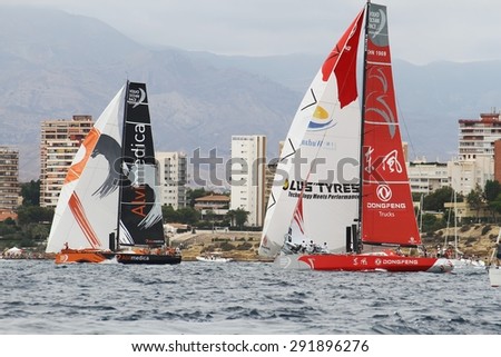 ALICANTE, SPAIN - OCTOBER 04: The sail boat of the Team Alvimedica and Dongfeng are sailing in the \