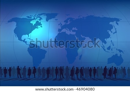 Blue background world map with people
