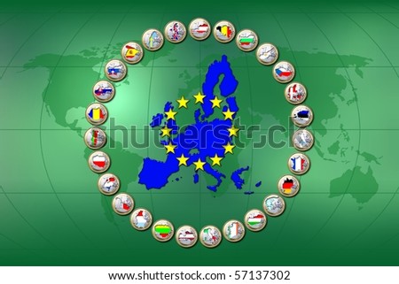The 27 countries of the European Union with flags