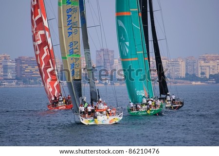 ALICANTE,SPAIN–OCT. 7:Team Sanya, Groupama Team and Camper Team participate in the race around the world \
