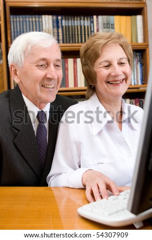 Elderly couple peers into monitor of the computer a pleased smile upon one's face