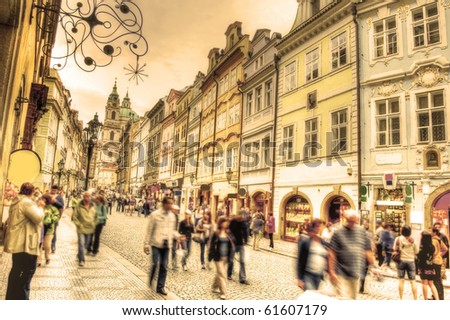 Crowd of people in streets of Prague.