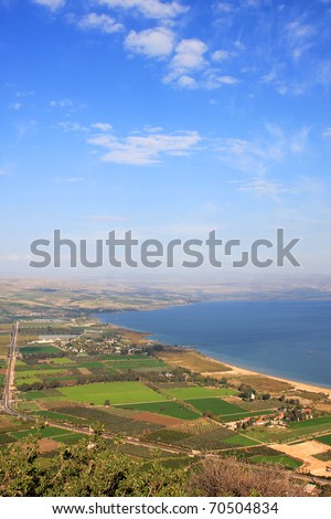 View of the sea of Galilee (Kineret lake) from Arbel mountain, Israel