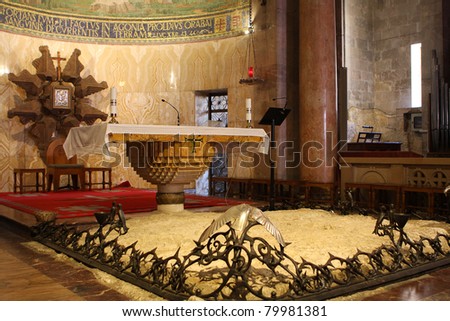 Interior of The Church of All Nations or Basilica of the Agony, Roman Catholic church near the Garden of Gethsemane at the Mount of Olives in Jerusalem, Israel