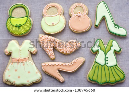 Shortbread biscuits decorated as fashion items.