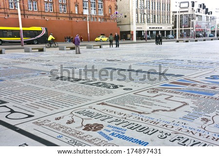 BLACKPOOL, UK - APRIL 12, 2013: The comedy carpet one of Britain\'s largest pieces of public art immortalising the UK\'s favourite comedians and comic writers adorns the new Festival Headland.