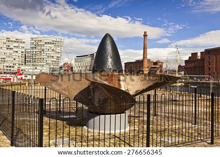 LIVERPOOL, UK - MAY 3, 2015: Port-side propeller and cone from Cunard ship RMS Lusitania.  Cunard ship was torpedoed by German submarine U-20 off the coast of southern Ireland, on 7 May 1915.