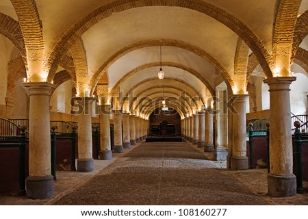 Arched interior of the 16th century Royal Stables in Cordoba, Andalusia, Spain.