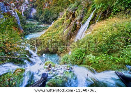 View from the top of the waterfall down the picturesque valley in the Plitvice Lakes National Park in Croatia.