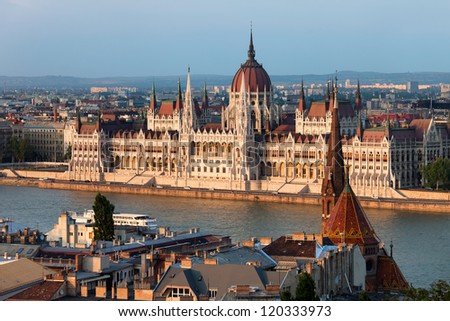 Hungarian Parliament Building at sunset in the city of Budapest, Hungary.
