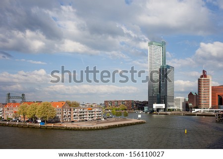 City of Rotterdam cityscape and Nieuwe Maas (New Meuse) river in Netherlands, South Holland province.