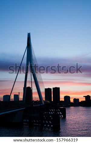 City of Rotterdam skyline silhouette at dusk in Netherlands, South Holland province.