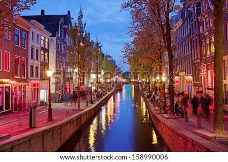 Amsterdam Red Light District area in the city centre at dusk, North Holland, the Netherlands.