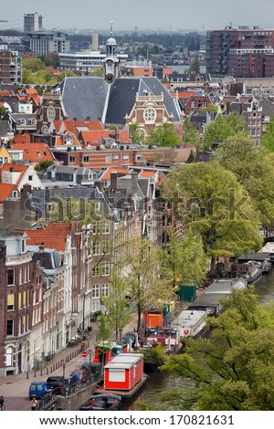 City of Amsterdam cityscape, view from above, Prinsengracht street and canal on the first plan, Holland, the Netherlands.