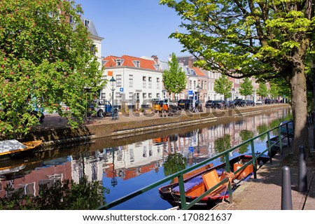 Picturesque canal in the city of Hague (Den Haag), Holland, Netherlands.
