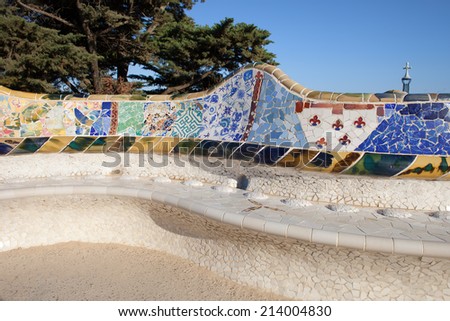 Serpentine Bench with Trencadis mosaic at Antoni Gaudi\'s Park Guell in Barcelona, Catalonia, Spain.